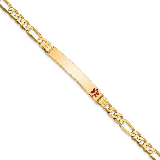 Quality Gold 14K Medical Red Enamel Flat Figaro Link ID Bracelet XM566FR