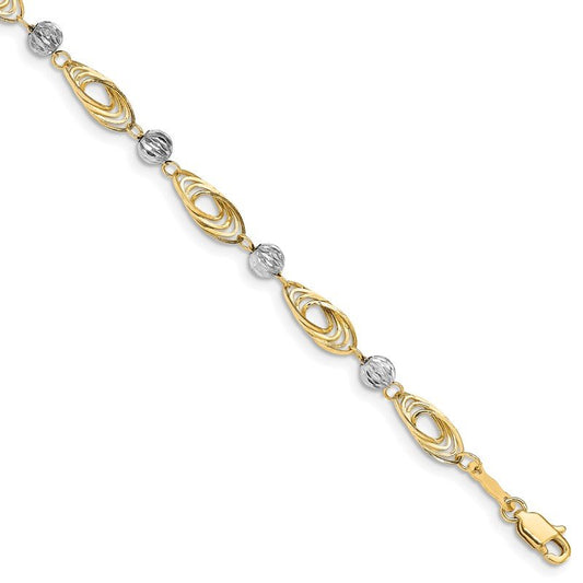 Quality Gold 14K Gold Two-tone Oval Links with Diamond Cut Beads Bracelet FB1349-7.25