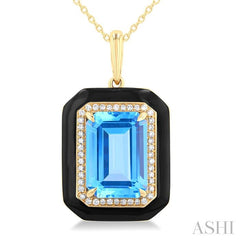 ASHI Emerald Shape Paperclip Black Enamel Gemstone & Halo Diamond Pendant 60397PPFHPDBTBLYG