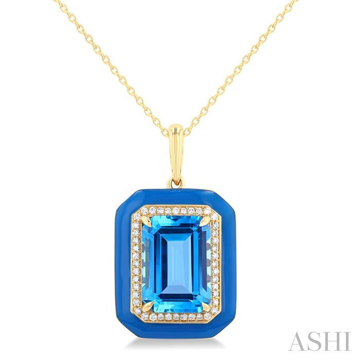 ASHI Emerald Shape Paperclip Blue Enamel Gemstone & Halo Diamond Pendant 60397PPFHPDBTBUYG