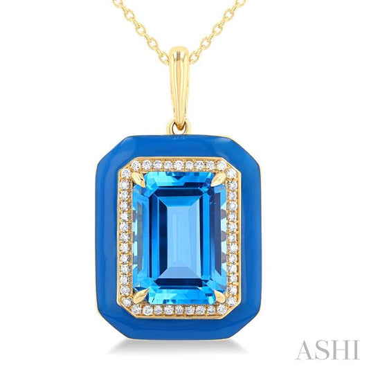 ASHI Emerald Shape Paperclip Blue Enamel Gemstone & Halo Diamond Pendant 60397PPFHPDBTBUYG