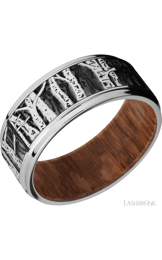 9 mm wide/Flat Grooved Edges/Cobalt Chrome band with a laser carved Aspen pattern also featuring a Leopard Wood sleeve.