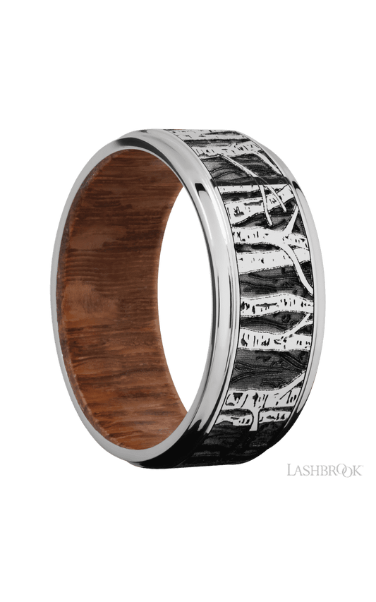 9 mm wide/Flat Grooved Edges/Cobalt Chrome band with a laser carved Aspen pattern also featuring a Leopard Wood sleeve.