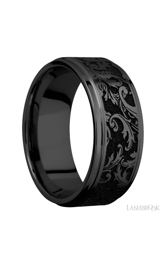 9 mm wide/Flat Grooved Edges/Zirconium band with a laser carved Black Leaf pattern.