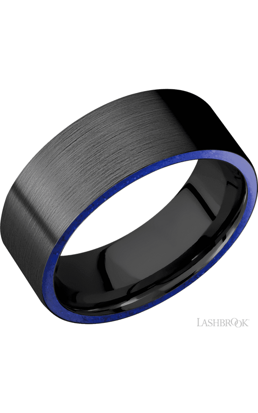 8 mm wide/Flat/Zirconium band with two 1 mm Side inlays of Lapis.