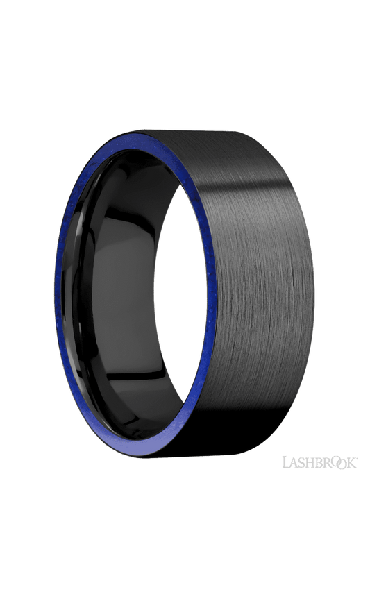 8 mm wide/Flat/Zirconium band with two 1 mm Side inlays of Lapis.