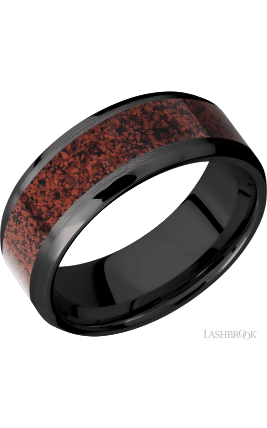 8 mm wide/Beveled/Zirconium band with one 5 mm Centered inlay of Dinosaur Bone Red.