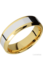 7 mm wide/High Bevel/14K Yellow Gold band with one 3 mm Centered inlay of 14K White Gold.