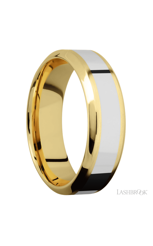 7 mm wide/High Bevel/14K Yellow Gold band with one 3 mm Centered inlay of 14K White Gold.