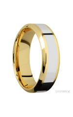 7 mm wide/High Bevel/14K Yellow Gold band with one 3 mm Centered inlay of 14K White Gold.