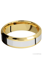 7 mm wide/High Bevel/14K Yellow Gold band with one 3 mm Centered inlay of 14K White Gold.