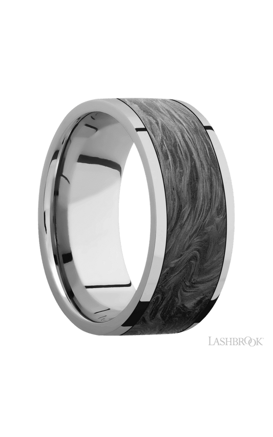 9 mm wide/Flat/Titanium band with one 7 mm Centered inlay of Forged Carbon Fiber.