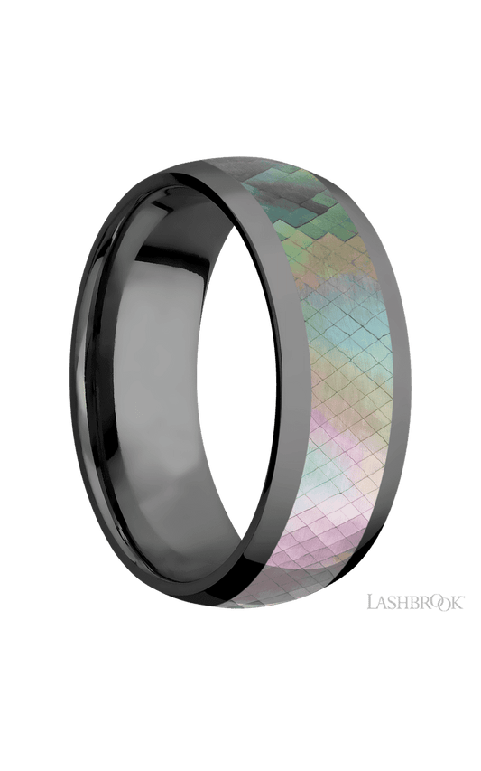 8 mm wide/Domed/Zirconium band with one 5 mm Centered inlay of Black Mother of Pearl.