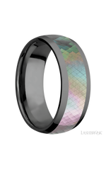 8 mm wide/Domed/Zirconium band with one 5 mm Centered inlay of Black Mother of Pearl.