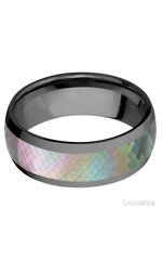 8 mm wide/Domed/Zirconium band with one 5 mm Centered inlay of Black Mother of Pearl.