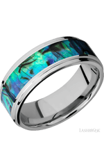8 mm wide/Flat Grooved Edges/Cobalt Chrome band with one 5 mm Centered inlay of Abalone.