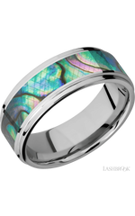 8 mm wide/Flat Grooved Edges/Cobalt Chrome band with one 5 mm Centered inlay of Abalone.
