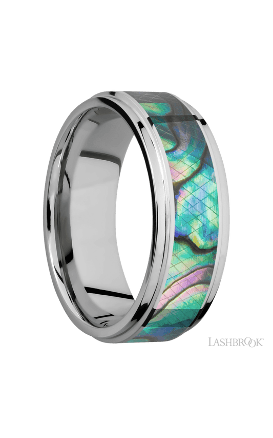 8 mm wide/Flat Grooved Edges/Cobalt Chrome band with one 5 mm Centered inlay of Abalone.