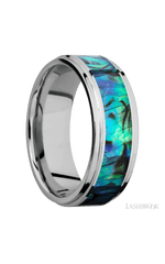 8 mm wide/Flat Grooved Edges/Cobalt Chrome band with one 5 mm Centered inlay of Abalone.