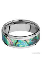 8 mm wide/Flat Grooved Edges/Cobalt Chrome band with one 5 mm Centered inlay of Abalone.