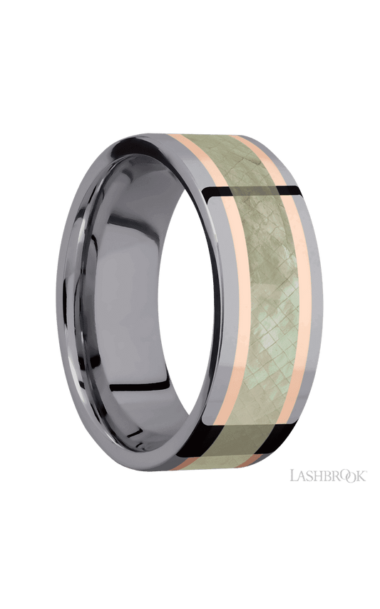 8 mm wide/Flat/Tantalum band featuring inlays of 14K Rose Gold and Freshwater Mother of Pearl.