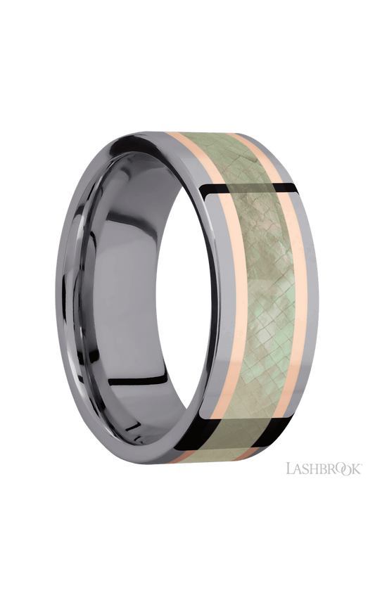 8 mm wide/Flat/Tantalum band featuring inlays of 14K Rose Gold and Freshwater Mother of Pearl.