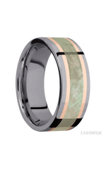 8 mm wide/Flat/Tantalum band featuring inlays of 14K Rose Gold and Freshwater Mother of Pearl.