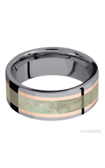 8 mm wide/Flat/Tantalum band featuring inlays of 14K Rose Gold and Freshwater Mother of Pearl.