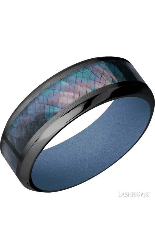 8 mm wide/High Bevel/Zirconium band with one 4 mm Centered inlay of Black Mother of Pearl also featuring a Crushed Orchid sleeve.