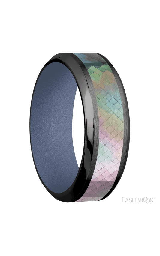 8 mm wide/High Bevel/Zirconium band with one 4 mm Centered inlay of Black Mother of Pearl also featuring a Crushed Orchid sleeve.