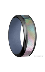 8 mm wide/High Bevel/Zirconium band with one 4 mm Centered inlay of Black Mother of Pearl also featuring a Crushed Orchid sleeve.