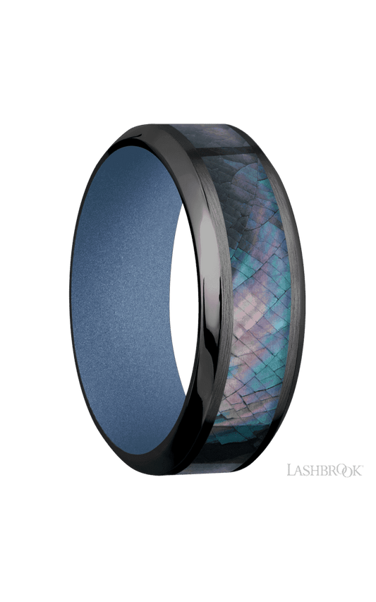 8 mm wide/High Bevel/Zirconium band with one 4 mm Centered inlay of Black Mother of Pearl also featuring a Crushed Orchid sleeve.