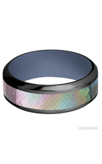 8 mm wide/High Bevel/Zirconium band with one 4 mm Centered inlay of Black Mother of Pearl also featuring a Crushed Orchid sleeve.