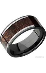 9 mm wide/Flat/Zirconium band featuring inlays of Titanium and Sapele.