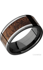 9 mm wide/Flat/Zirconium band featuring inlays of Titanium and Sapele.