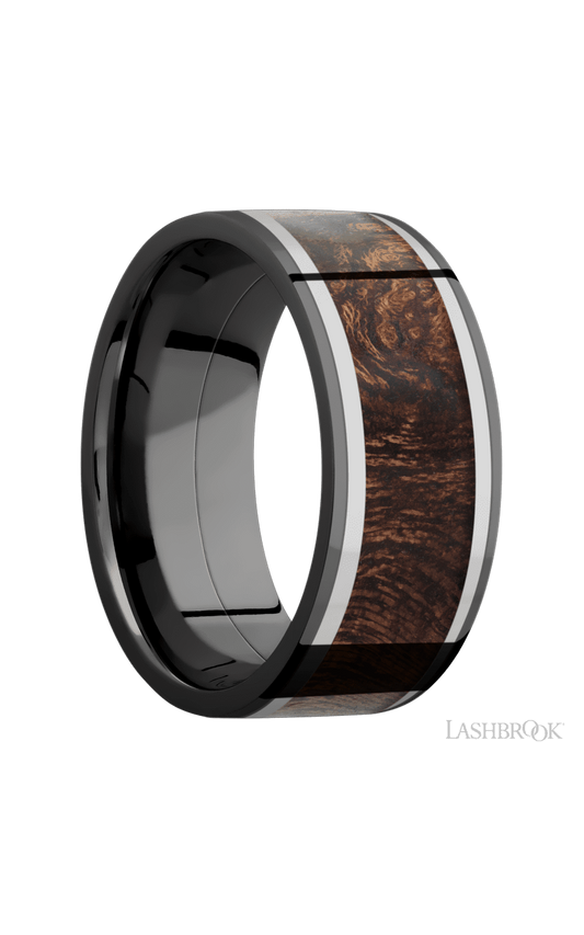9 mm wide/Flat/Zirconium band featuring inlays of Titanium and Sapele.