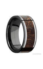 9 mm wide/Flat/Zirconium band featuring inlays of Titanium and Sapele.