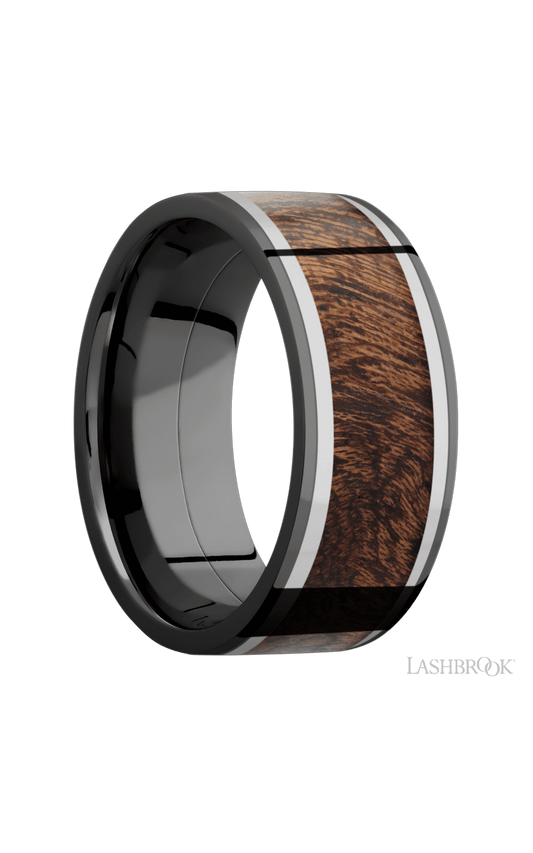 9 mm wide/Flat/Zirconium band featuring inlays of Titanium and Sapele.