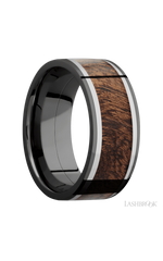 9 mm wide/Flat/Zirconium band featuring inlays of Titanium and Sapele.