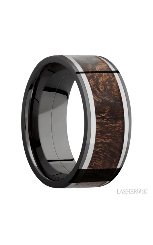 9 mm wide/Flat/Zirconium band featuring inlays of Titanium and Sapele.