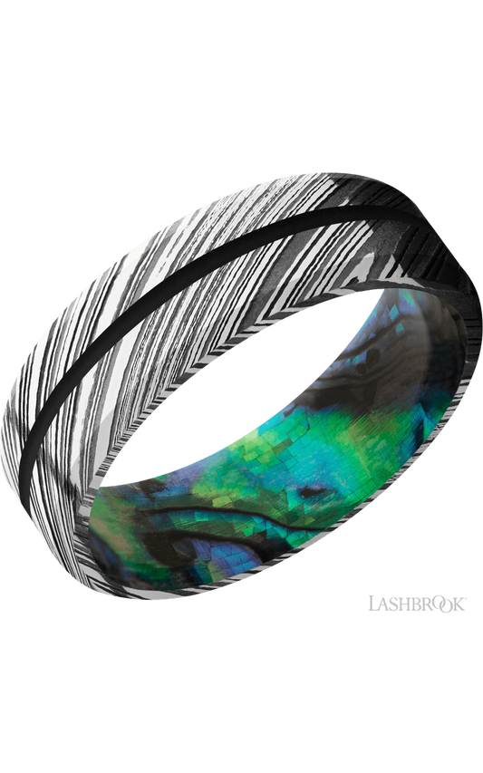7 mm wide/Beveled/Woodgrain band with one 1 mm Centered inlay of Black also featuring a Abalone sleeve.