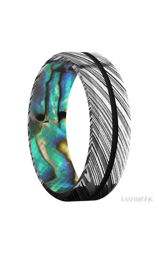 7 mm wide/Beveled/Woodgrain band with one 1 mm Centered inlay of Black also featuring a Abalone sleeve.