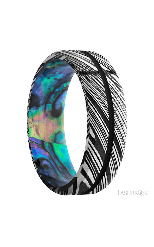 7 mm wide/Beveled/Woodgrain band with one 1 mm Centered inlay of Black also featuring a Abalone sleeve.