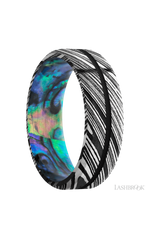 7 mm wide/Beveled/Woodgrain band with one 1 mm Centered inlay of Black also featuring a Abalone sleeve.