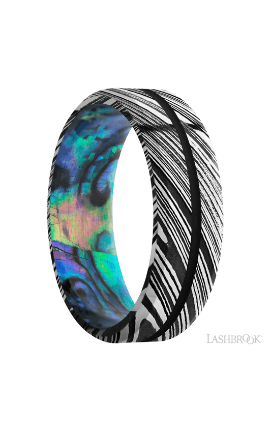 7 mm wide/Beveled/Woodgrain band with one 1 mm Centered inlay of Black also featuring a Abalone sleeve.