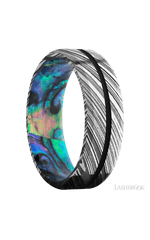 7 mm wide/Beveled/Woodgrain band with one 1 mm Centered inlay of Black also featuring a Abalone sleeve.