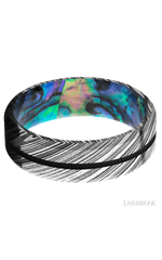 7 mm wide/Beveled/Woodgrain band with one 1 mm Centered inlay of Black also featuring a Abalone sleeve.
