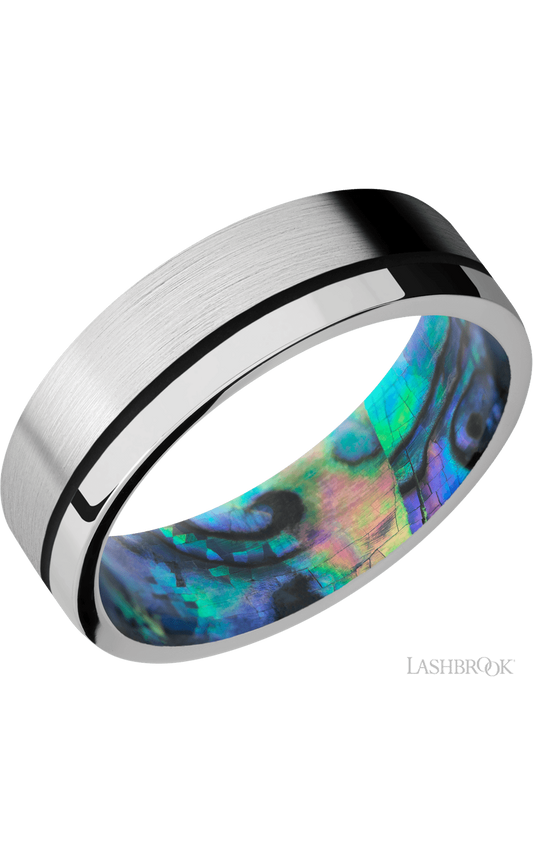 7 mm wide/Flat/14K White Gold band with one 0.5 mm Off Center inlay of Black also featuring a Abalone sleeve.