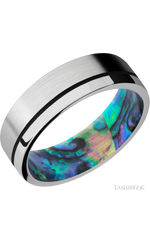 7 mm wide/Flat/14K White Gold band with one 0.5 mm Off Center inlay of Black also featuring a Abalone sleeve.
