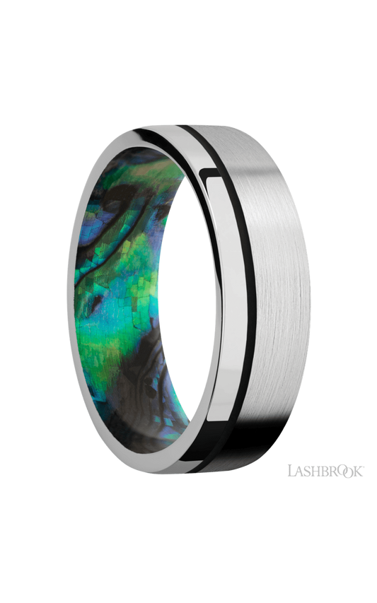 7 mm wide/Flat/14K White Gold band with one 0.5 mm Off Center inlay of Black also featuring a Abalone sleeve.